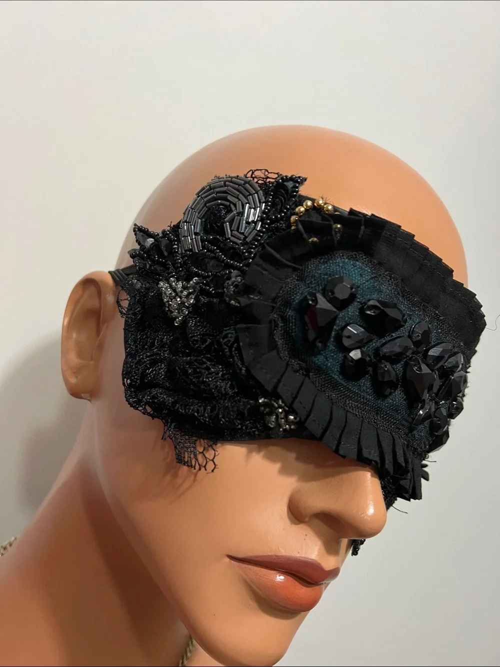 Black Beaded Lace Eye Mask - Elegant Sleep & Costume Accessory